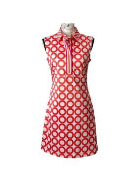 Gretchen Scott XS Sleeveless Dress Collared Red White Orange Geometric Stretch
